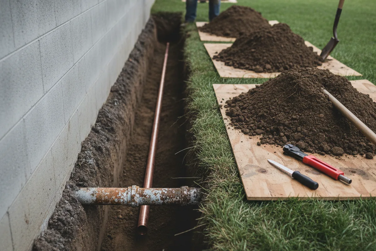 Excavated water line trench during Sewer Line Repair in Yorktown